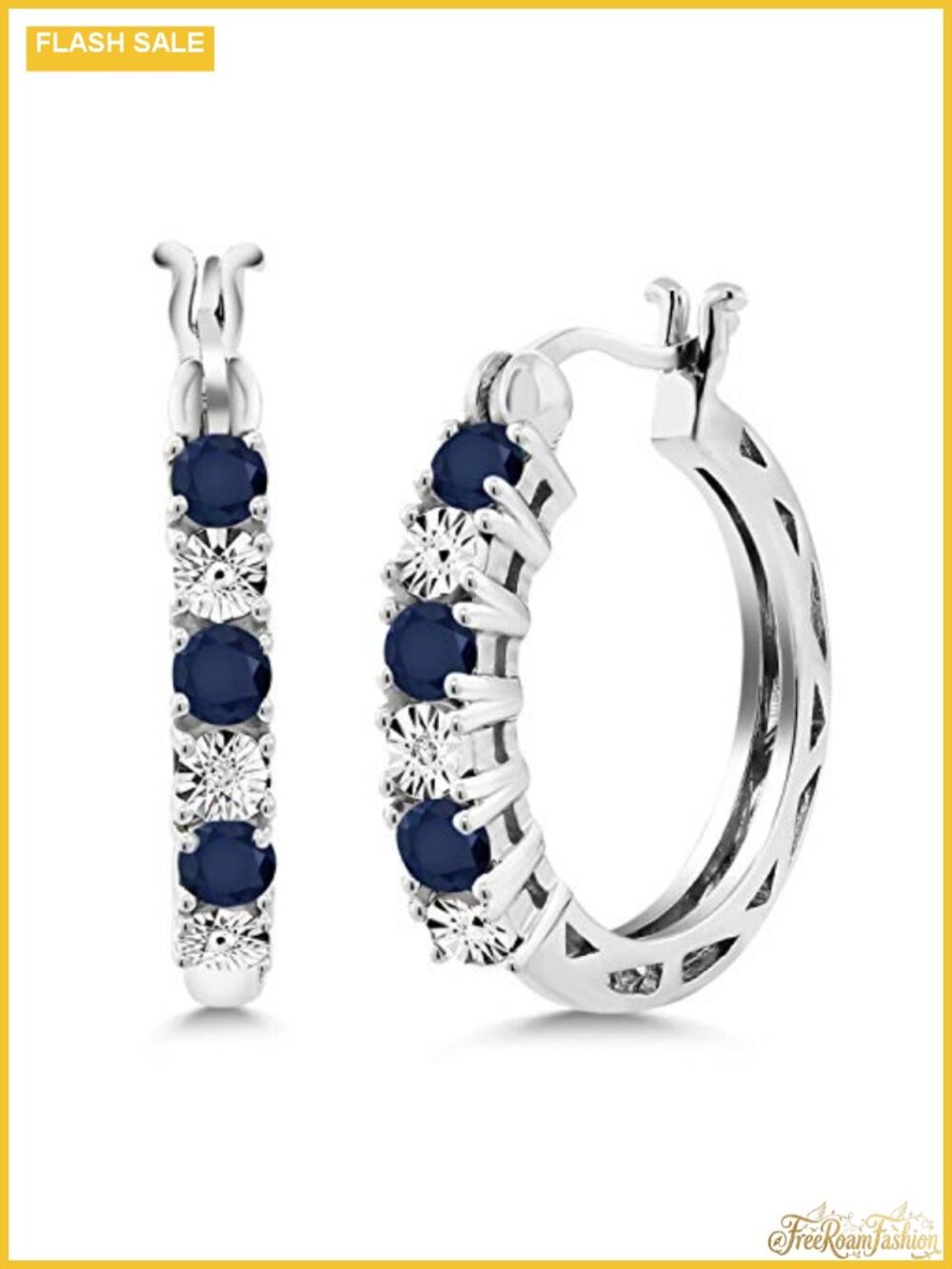 925 Sterling Silver Blue Sapphire Lab Grown Diamond Hoop Earrings